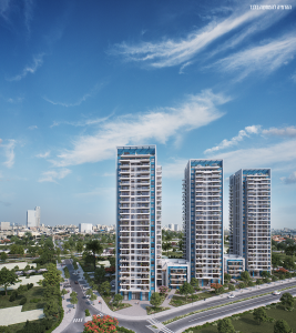 Rendering of three towers and two low-rise buildings
