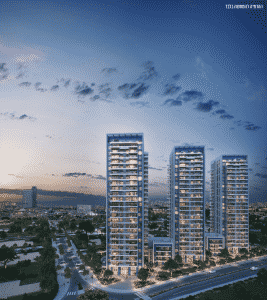 Rendering of three towers and two low-rise buildings