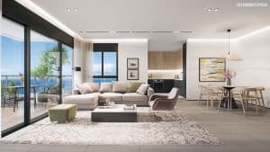 Rendering of an apartment, showing the dining area, kitchen, living room with comfortable seating options, and a balcony overlooking the sea