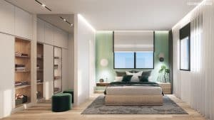 Rendering of a bedroom, demonstrating the spacious design and showing a double bed and closet filled with clothes