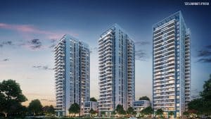 Rendering of three towers and two low-rise buildings