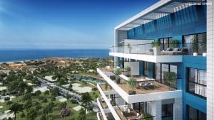 Rendering of a balcony with a sitting area overlooking the sea