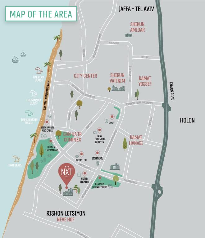 Area map showing Park HaYam’s location in Bat Yam and in relation to Rishon LeZion, Tel Aviv, and Holon. It is close to the beach, light rail, new business district, country club, and sports center.