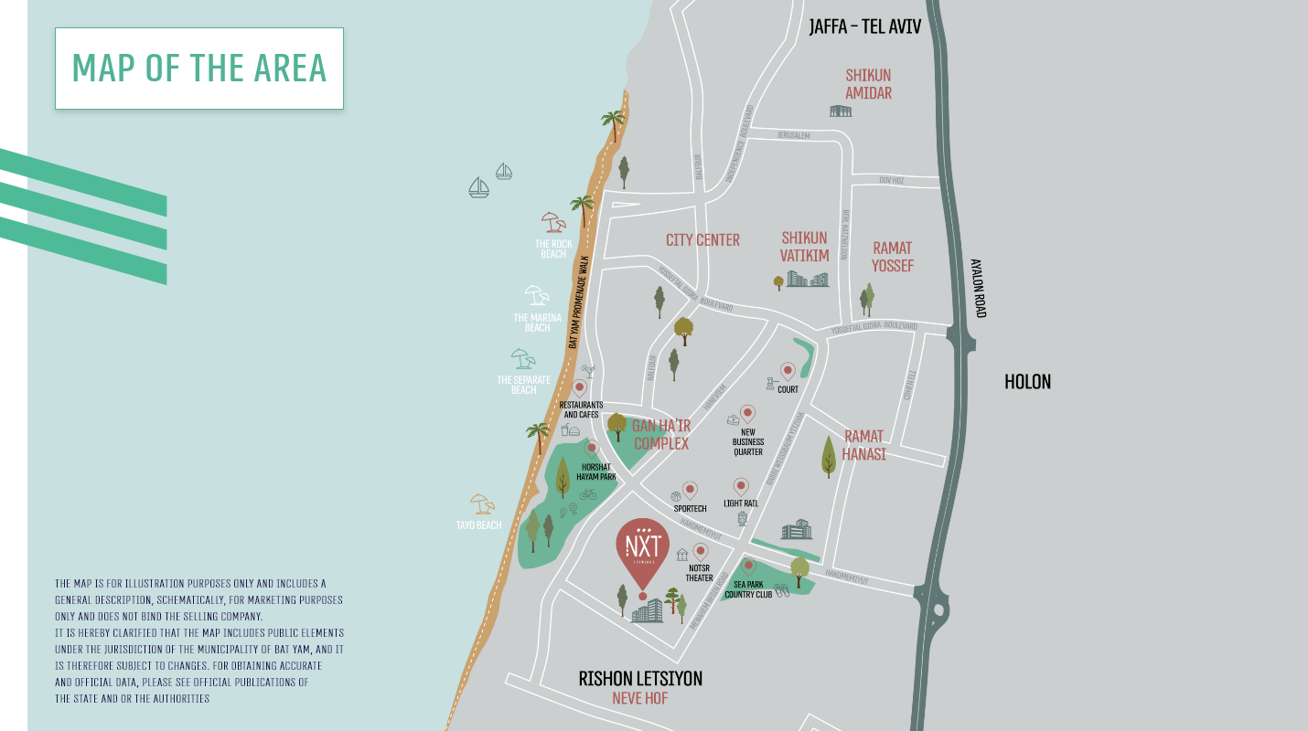 Area map showing Park HaYam’s location in Bat Yam and in relation to Rishon LeZion, Tel Aviv, and Holon. It is close to the beach, light rail, new business district, country club, and sports center.