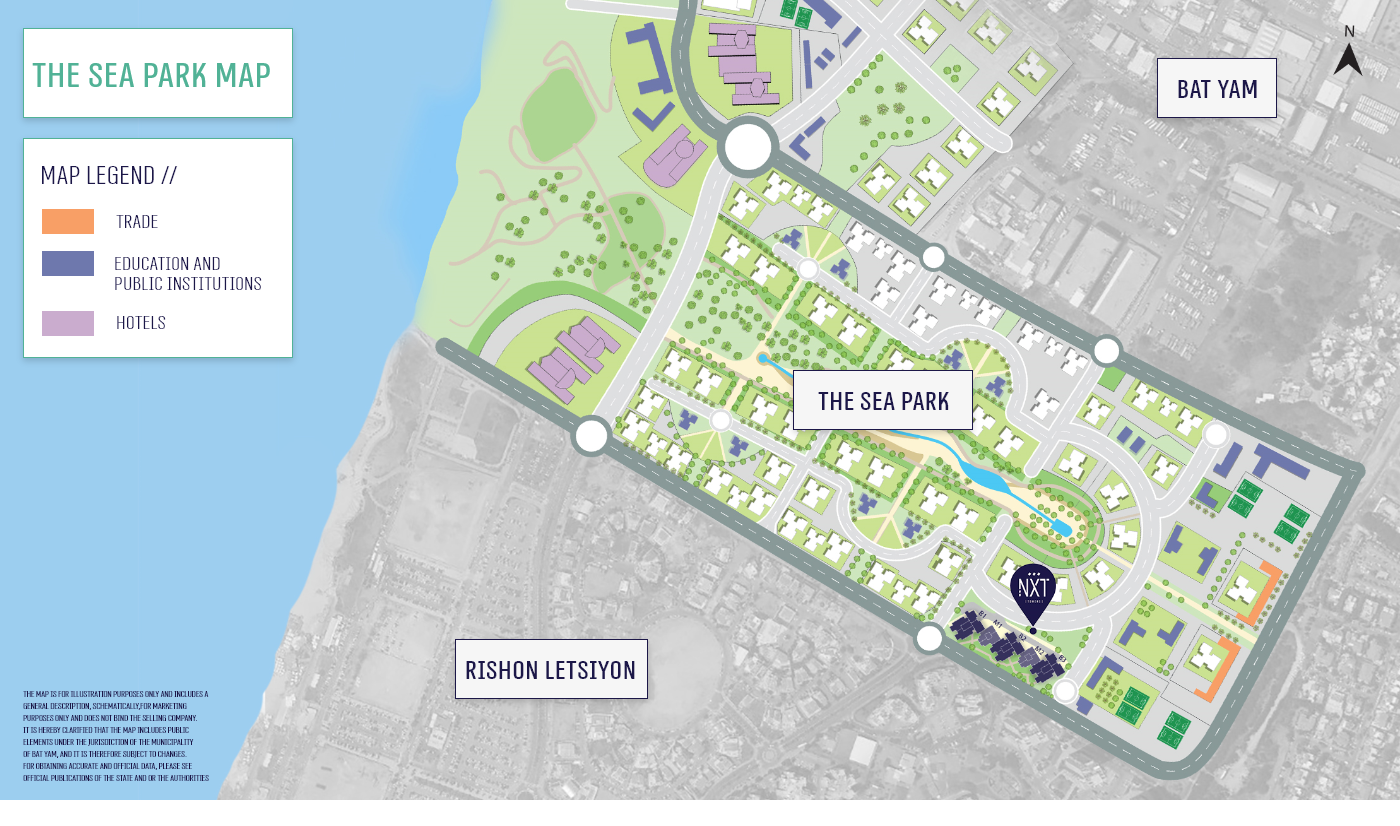 Area map showing Park HaYam’s location in Bat Yam and in relation to Rishon LeZion, Tel Aviv, and Holon. It is close to the beach, light rail, new business district, country club, and sports center.