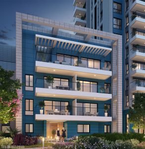 Rendering of three towers and two low-rise buildings