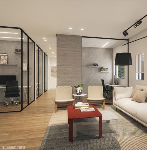 Rendering of an apartment, showing the dining area, kitchen, living room with comfortable seating options, and a balcony overlooking the sea