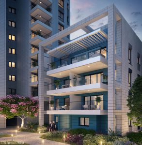 Rendering of three towers and two low-rise buildings