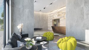 Rendering of the lobby, showing a security desk and sitting area with a sofa, two armchairs, and two small tables